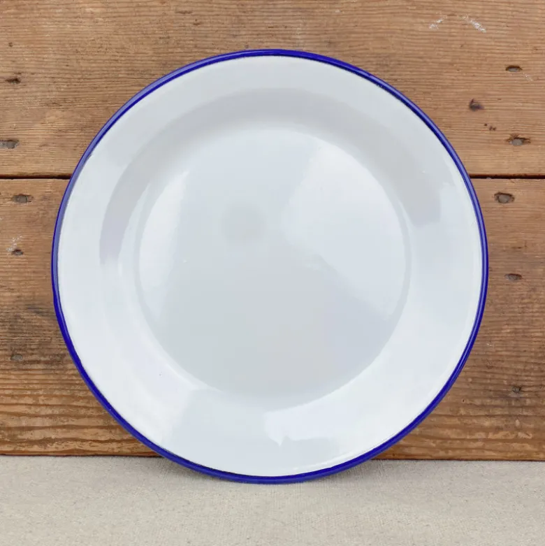 Assiette en émail blanc liseré bleu