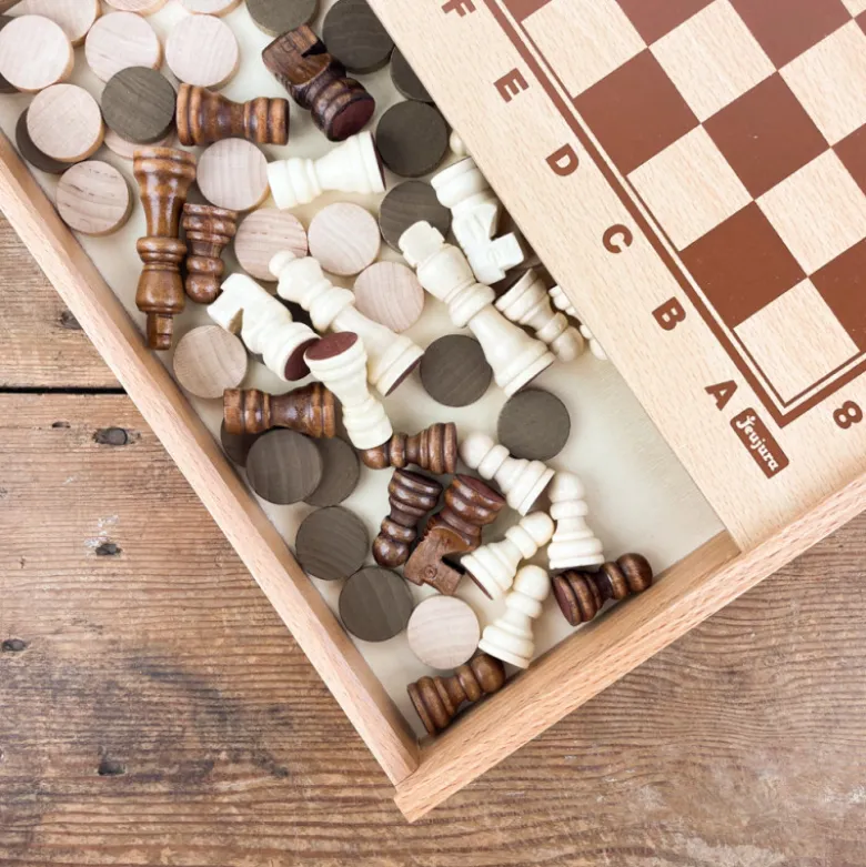 Coffret en bois jeu de dames et échecs