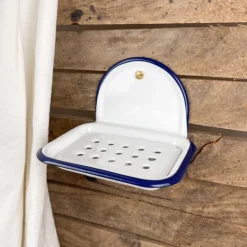 Porte-savon en email blanc avec liseré bleu