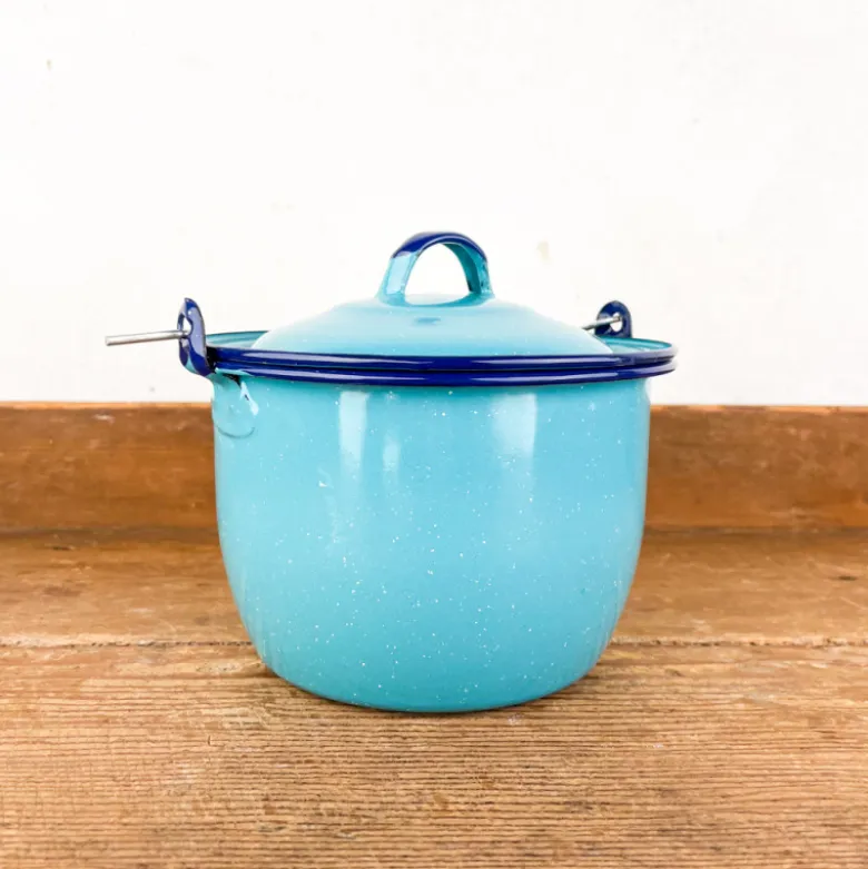 Pot à bouillon à anse en email turquoise